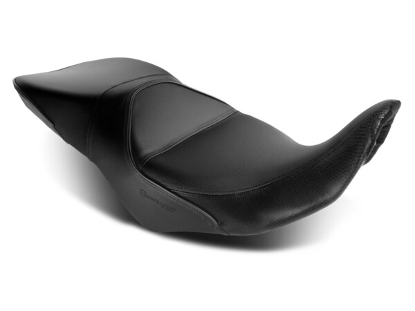 Sargent Cycle Products' REVolution OEM Motorcycle Seat Upgrade for the Suzuki V-Strom 800 2023+ shown with DTX/GZ, all black, regular height.
